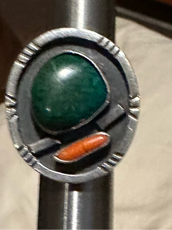 Vintage Native American Jewelry - Vintage Native American Green Turquoise & Coral Women's Ring, 8.5 very unique